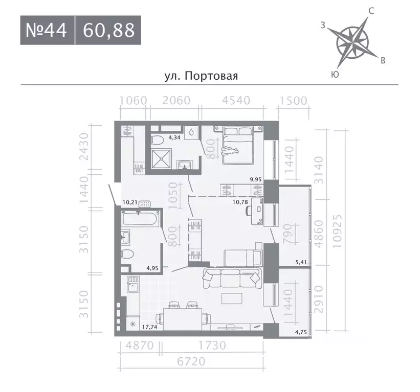 2-к кв. Татарстан, Казань Живи на Портовой жилой комплекс (60.88 м) - Фото 0