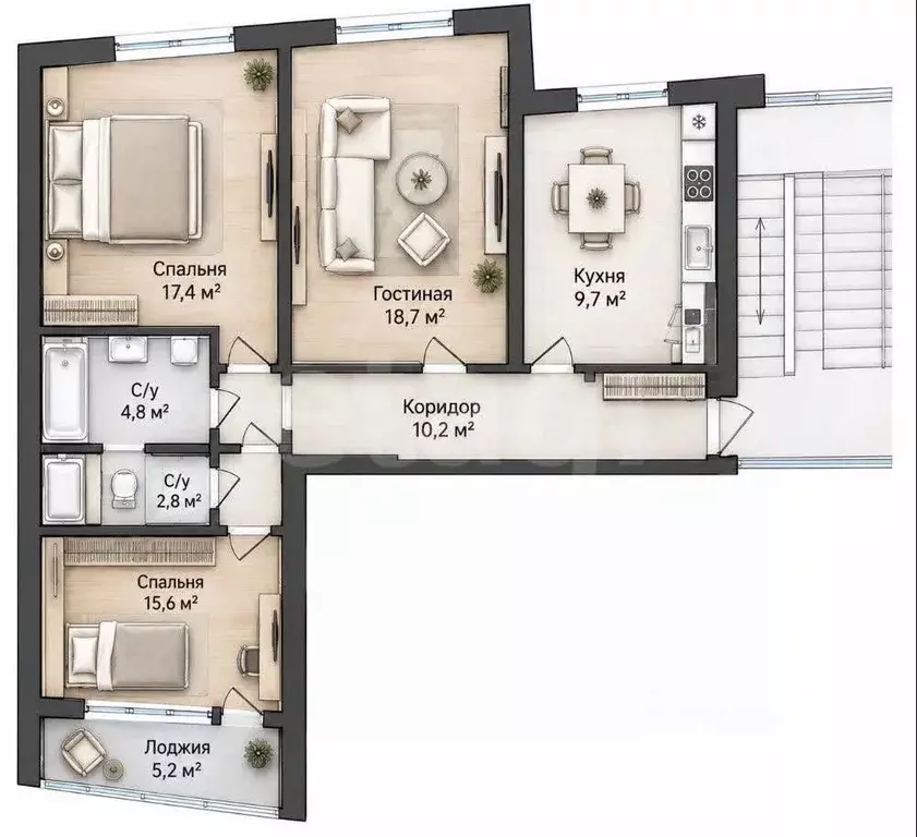 3-к кв. Татарстан, Казань Азино-1 мкр, ул. Закиева, 39 (69.2 м) - Фото 2