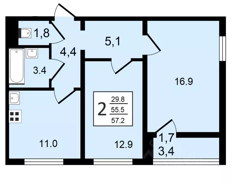 2-к кв. Воронежская область, Воронеж ул. Шишкова, 140Б/6 (57.2 м) - Фото 1