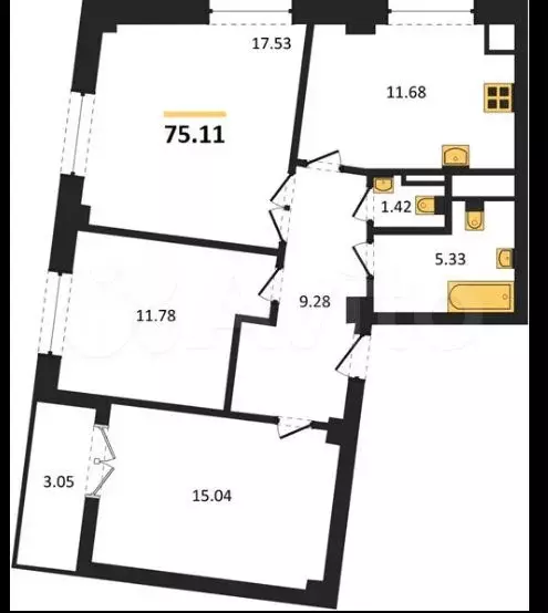 3-к. квартира, 75,1 м, 3/9 эт. - Фото 1