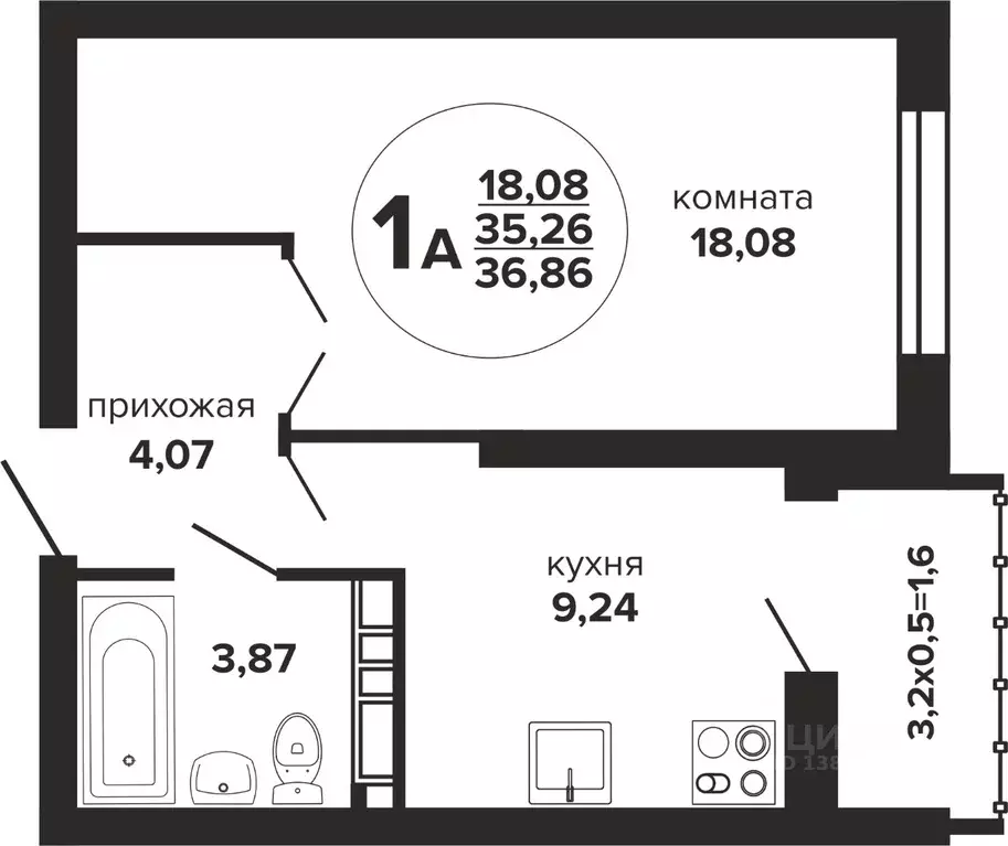 1-к кв. Краснодарский край, Краснодар Российская ул., 257/7 (36.86 м) - Фото 0