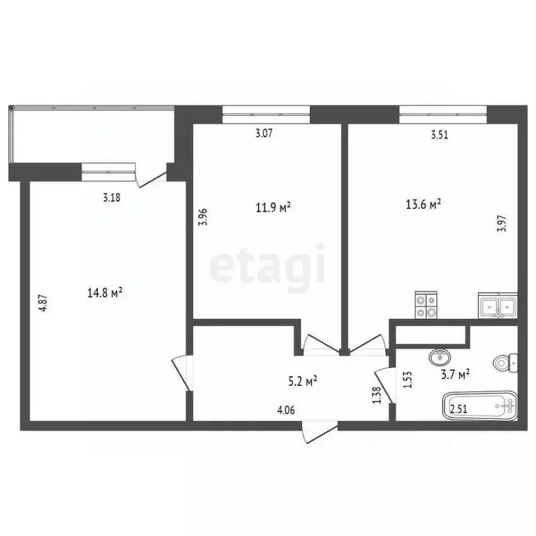 2-к кв. Тюменская область, Тюмень ул. Новоселов, 109 (53.8 м) - Фото 2