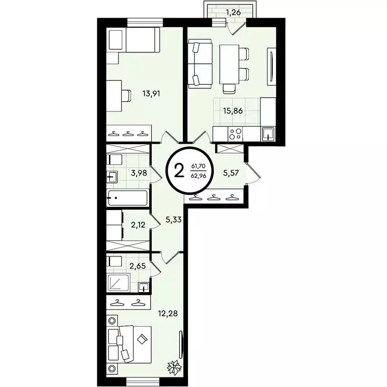 2-комнатная квартира: Тюмень, улица Александра Звягина, 3 (62.96 м) - Фото 0