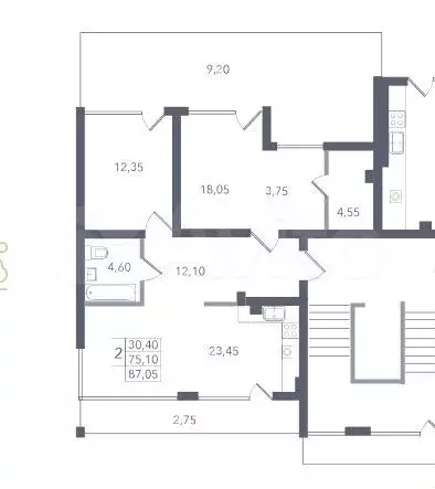 2-к. апартаменты, 87,1 м, 4/4 эт. - Фото 1