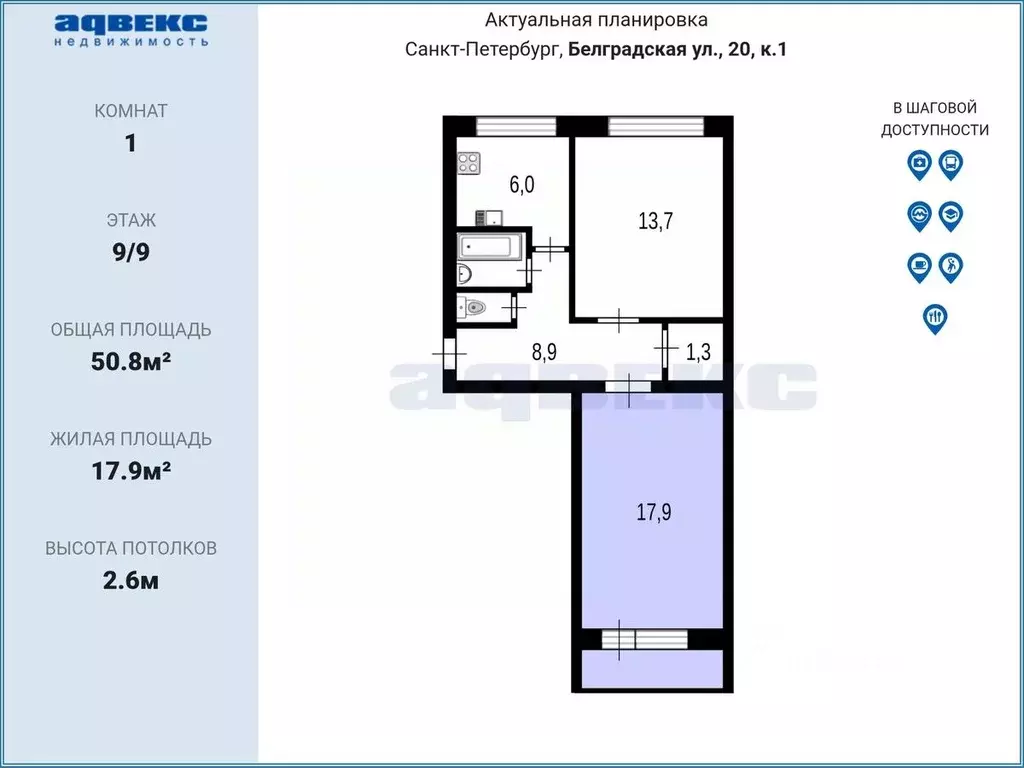 Комната Санкт-Петербург Белградская ул., 20К1 (17.9 м) - Фото 2