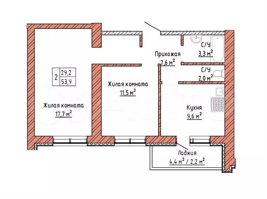 2-к. квартира, 53,9 м, 16/16 эт. - Фото 0