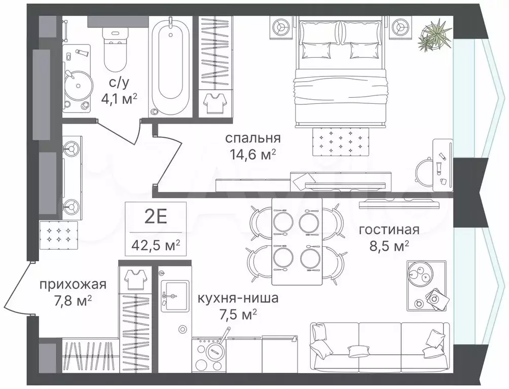 1-к. квартира, 42,5 м, 7/17 эт. - Фото 0