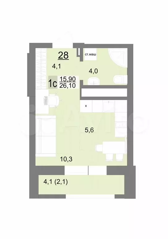 Квартира-студия, 26,1 м, 5/26 эт. - Фото 1