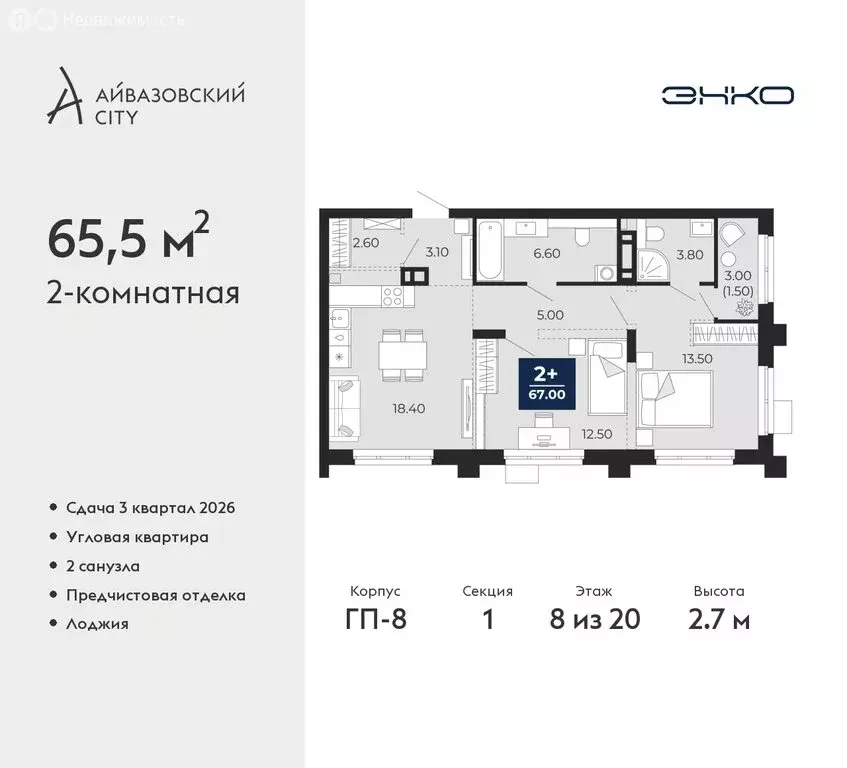 2-комнатная квартира: Тюмень, жилой комплекс Айвазовский Сити (65.5 м) - Фото 0