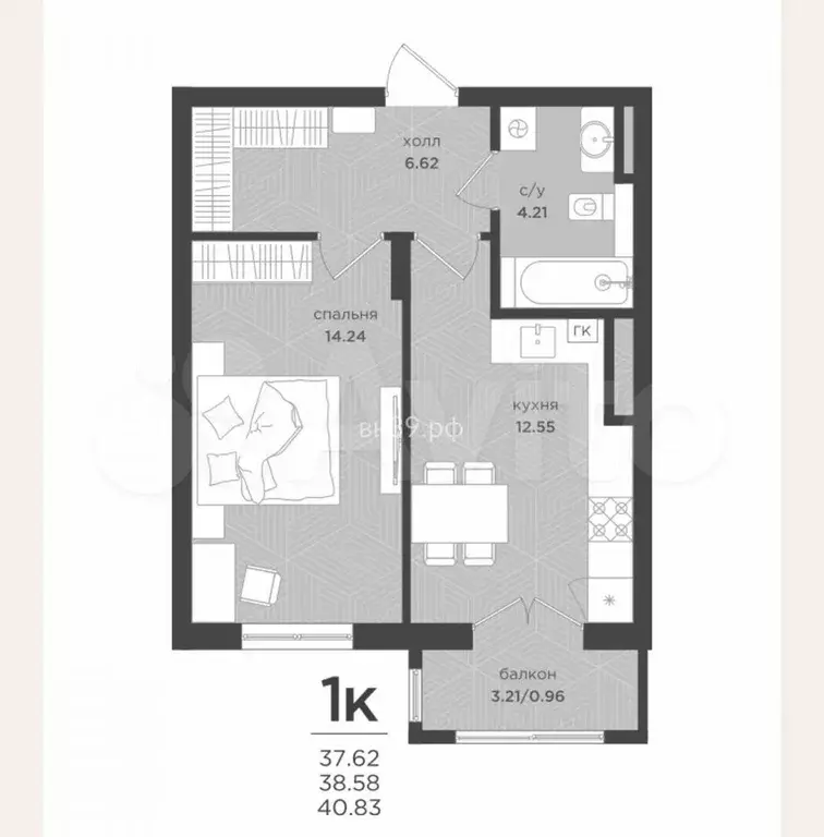 1-к. квартира, 38,6 м, 4/4 эт. - Фото 1