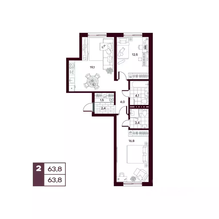 2-к кв. Тюменская область, Тюменский муниципальный округ, д. Дударева ... - Фото 1