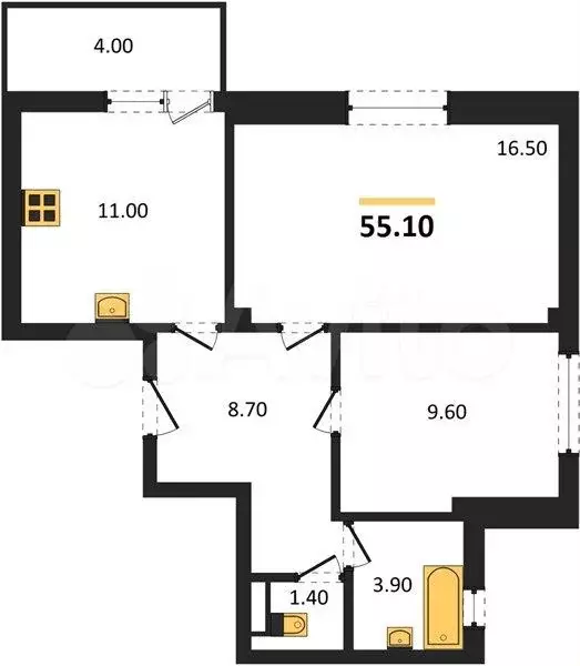 2-к. квартира, 55,1 м, 9/9 эт. - Фото 1