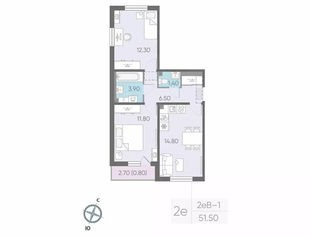 2-комнатная квартира: Ковалёво, улица Александра Разгонина, 2к1 (51.5 ... - Фото 1