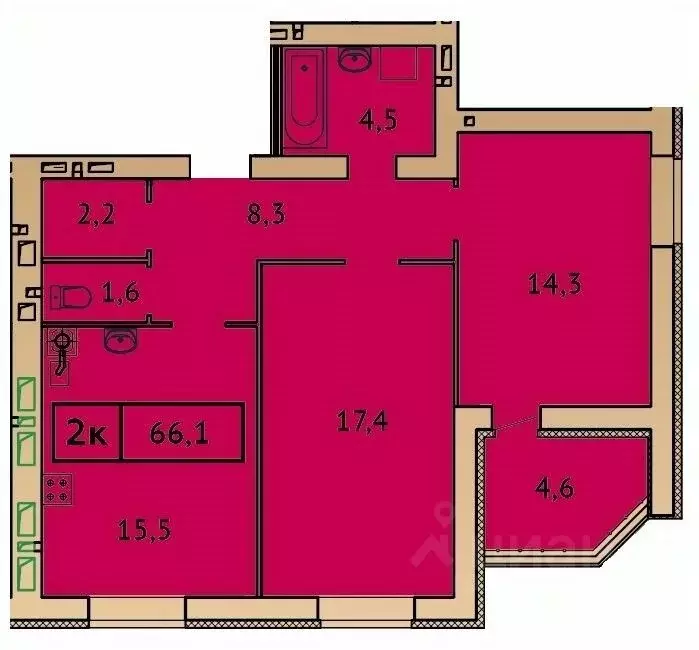 2-к кв. ивановская область, иваново лыжная ул. (66.1 м) - Фото 0