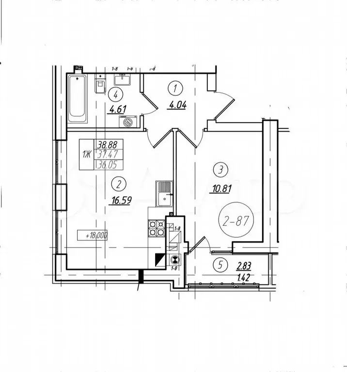 1-к. квартира, 38,9 м, 2/8 эт. - Фото 1