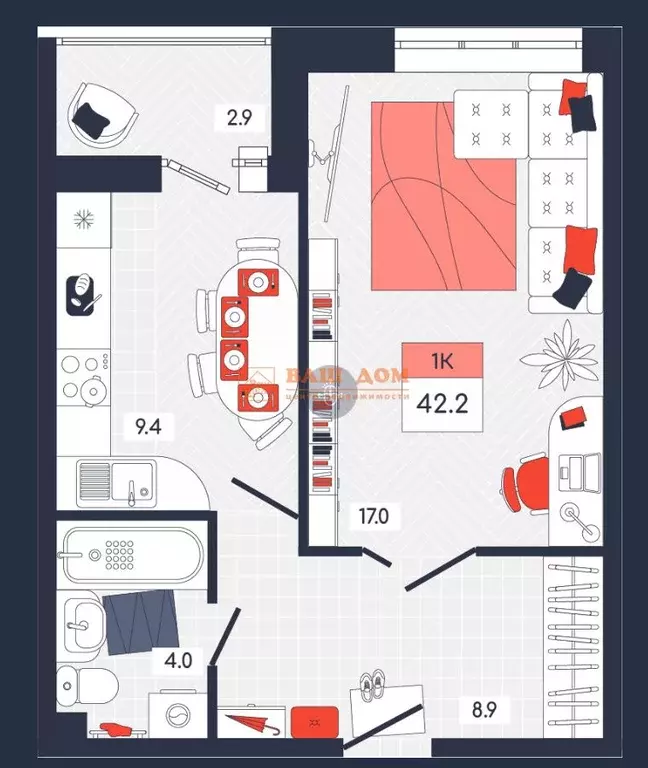 1-к кв. Тульская область, Тула ул. Академика Насоновой, 9А (42.0 м) - Фото 2
