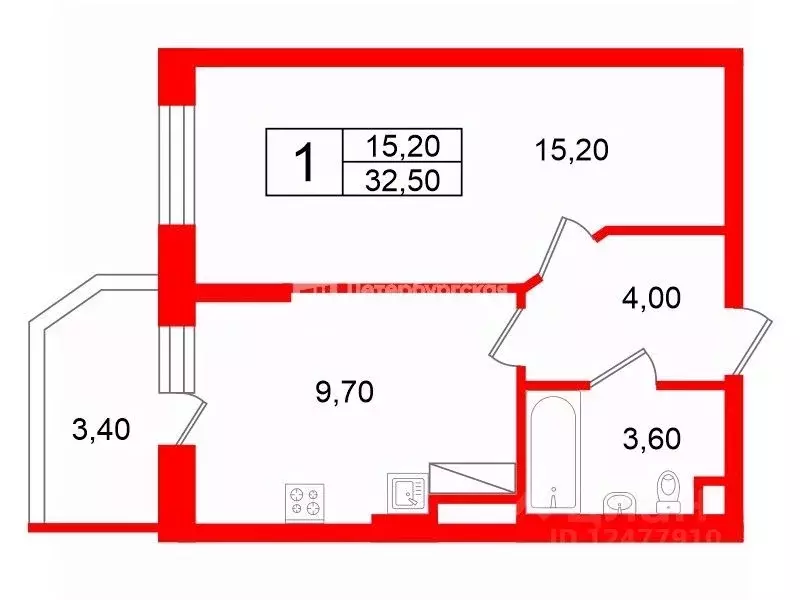 1-к кв. Санкт-Петербург ул. Русановская, 11 (32.5 м) - Фото 1