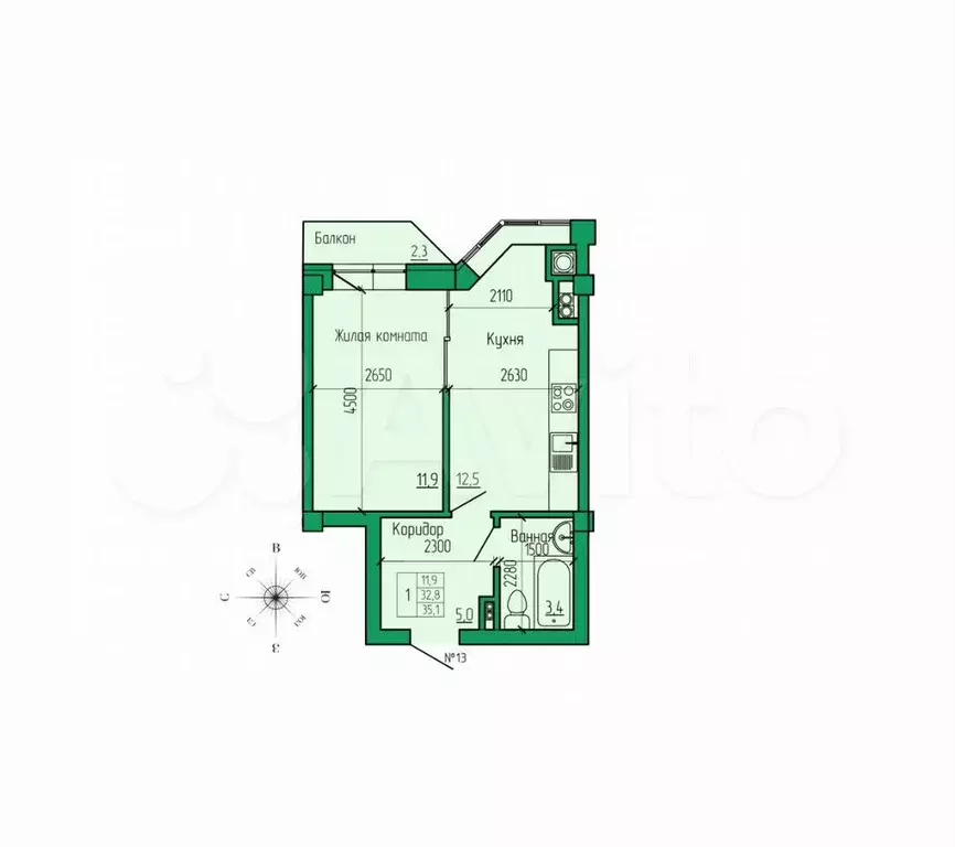 1-к. квартира, 35,1 м, 2/4 эт. - Фото 0
