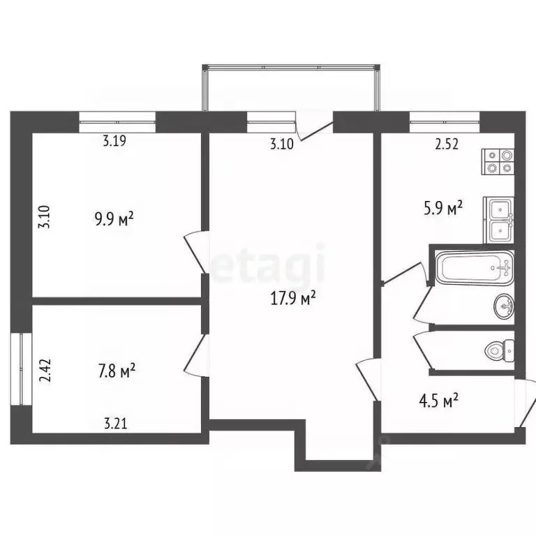 3-к кв. Вологодская область, Вологда ул. Чернышевского, 111А (50.2 м) - Фото 2
