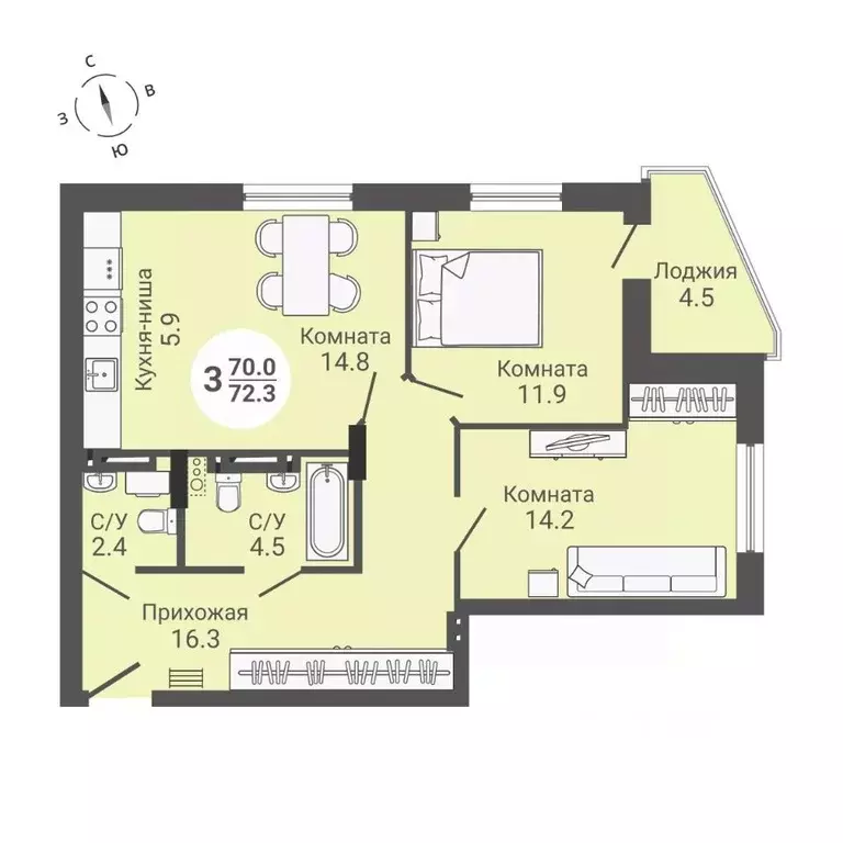 3-к кв. Новосибирская область, Новосибирск ул. Петухова, 170 (72.3 м) - Фото 0