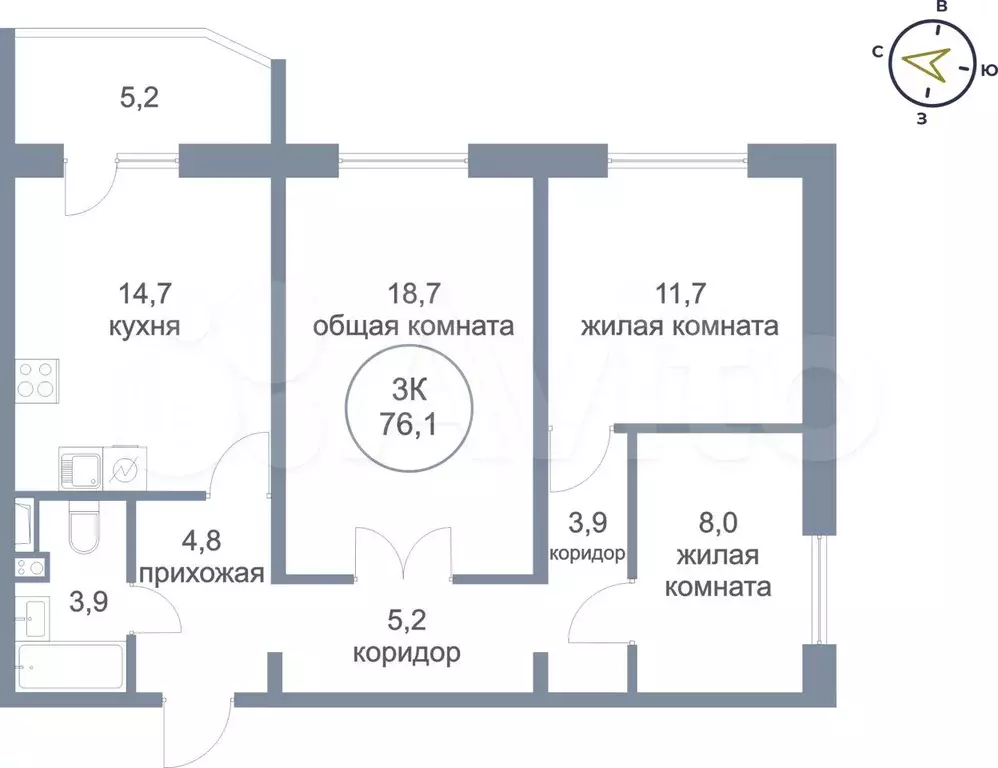 3-к. квартира, 76,1 м, 10/14 эт. - Фото 0