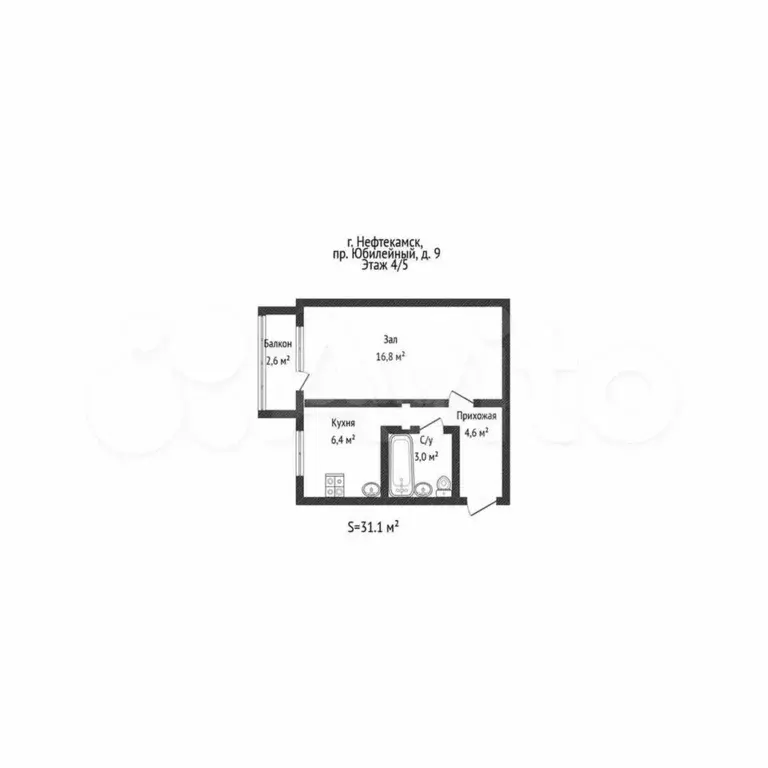 1-к. квартира, 31,1 м, 4/6 эт. - Фото 0