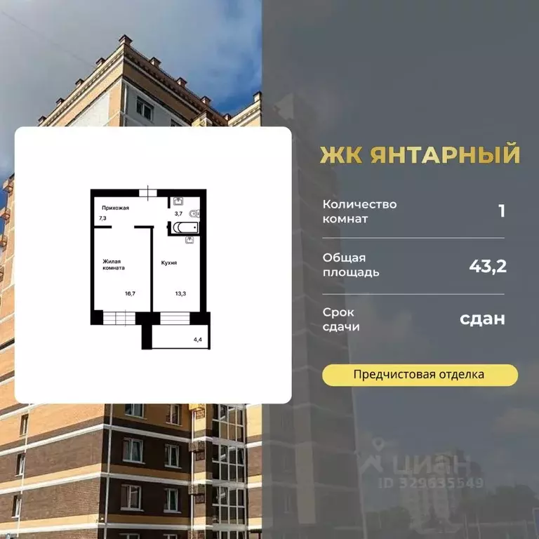 1-к кв. Амурская область, Благовещенск Октябрьская ул., 216 (43.0 м) - Фото 1
