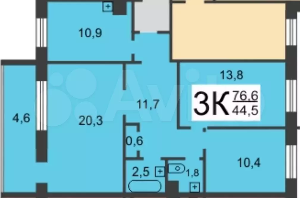 3-к. квартира, 76,6 м, 5/9 эт. - Фото 0