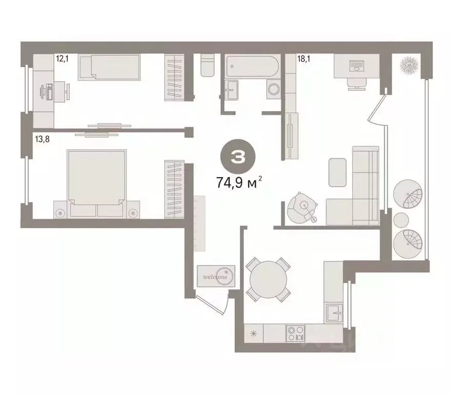 3-к кв. Тюменская область, Тюмень ул. Федюнинского, 19 (74.9 м) - Фото 2