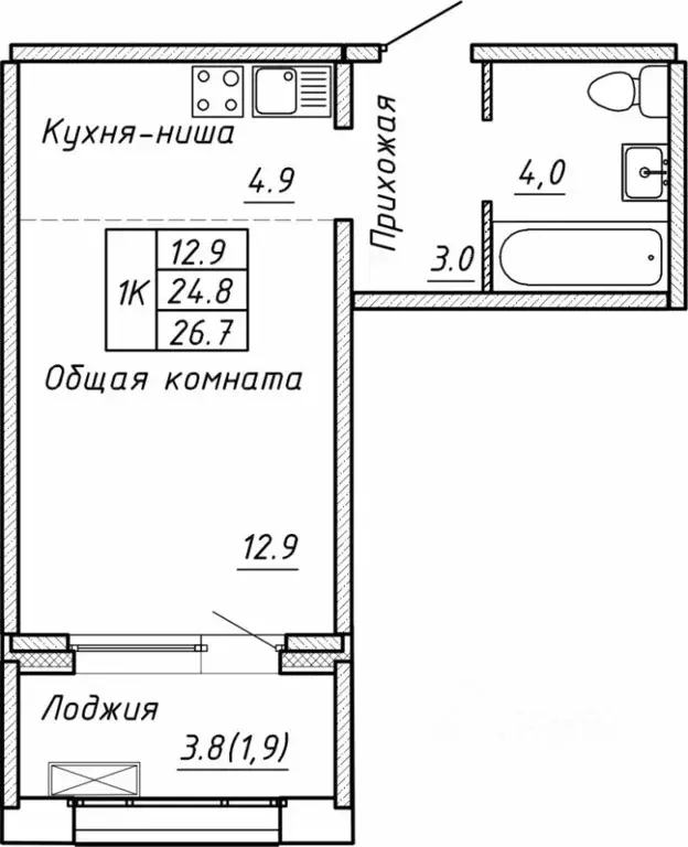 Свободной планировки кв. Новосибирская область, Новосибирск  (26.7 м) - Фото 0