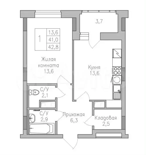 1-к. квартира, 42,8 м, 6/10 эт. - Фото 1