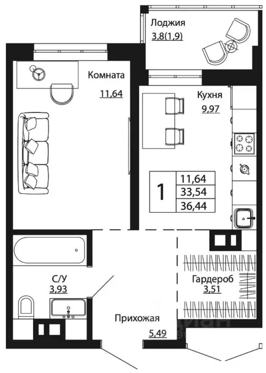 1-к кв. Ростовская область, Ростов-на-Дону ул. Текучева, 370/2 (35.84 ... - Фото 0