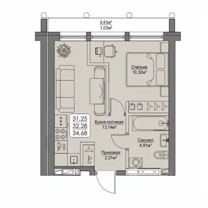 1-к кв. Приморский край, Владивосток ул. Мыс Кунгасный, 3Б (32.28 м) - Фото 2