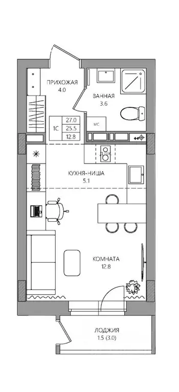 Студия Пермский край, Пермь Самолетная ул., 6 (27.0 м) - Фото 1