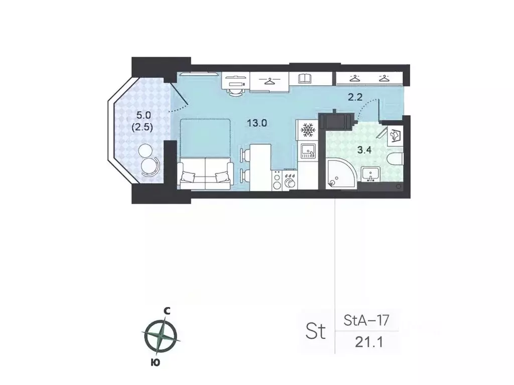 Студия Санкт-Петербург Октябрьская наб., 40 (21.0 м) - Фото 2