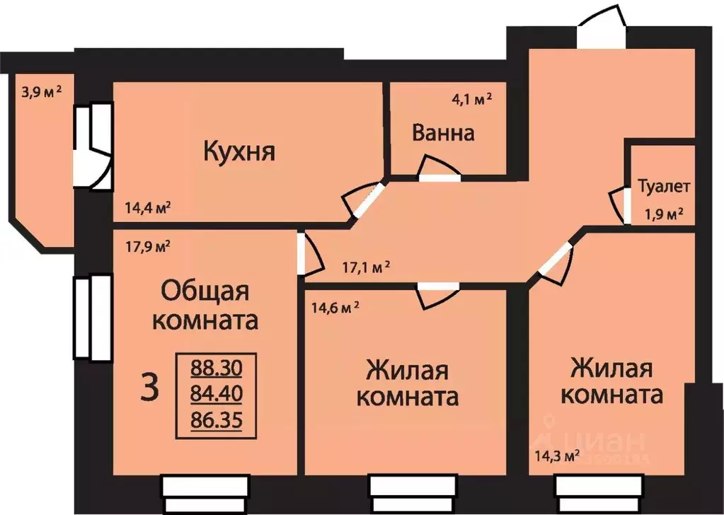 3-к кв. Тамбовская область, Тамбов ул. Имени С.И. Савостьянова, 3 ... - Фото 0