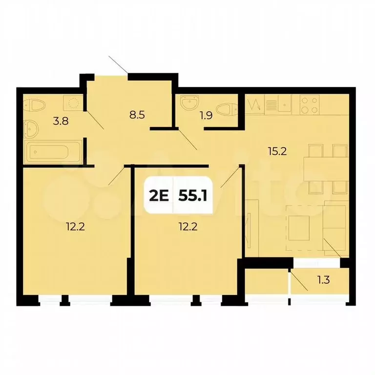 2-к. квартира, 55,1 м, 12/18 эт. - Фото 1