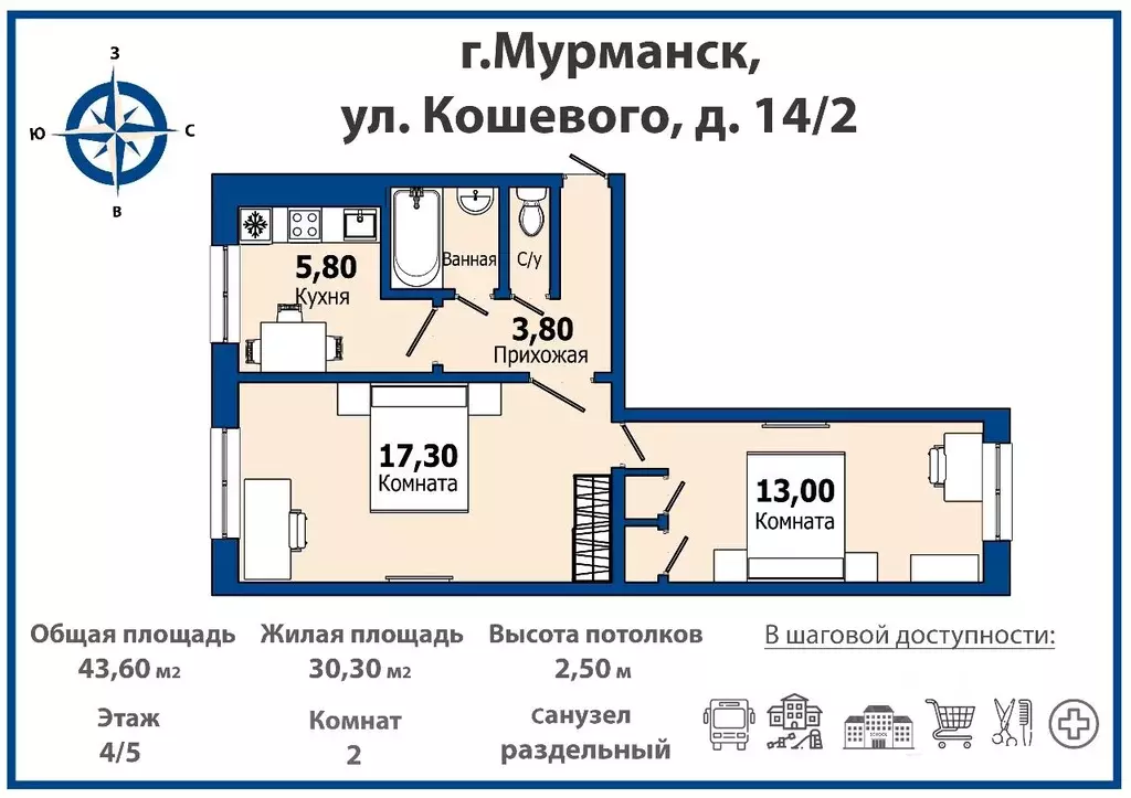2-к кв. Мурманская область, Мурманск ул. Олега Кошевого, 14к2 (43.6 м) - Фото 1