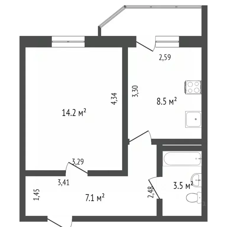 1-к кв. Ямало-Ненецкий АО, Новый Уренгой Сибирская ул., 81 (33.1 м) - Фото 2