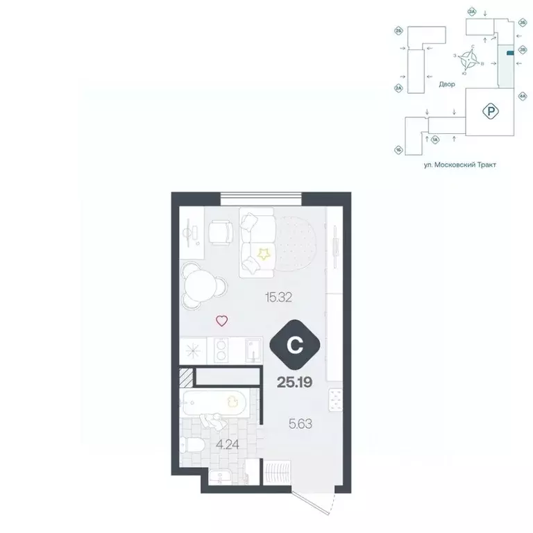 Студия Тюменская область, Тюмень Сибирский жилой комплекс (25.19 м) - Фото 1
