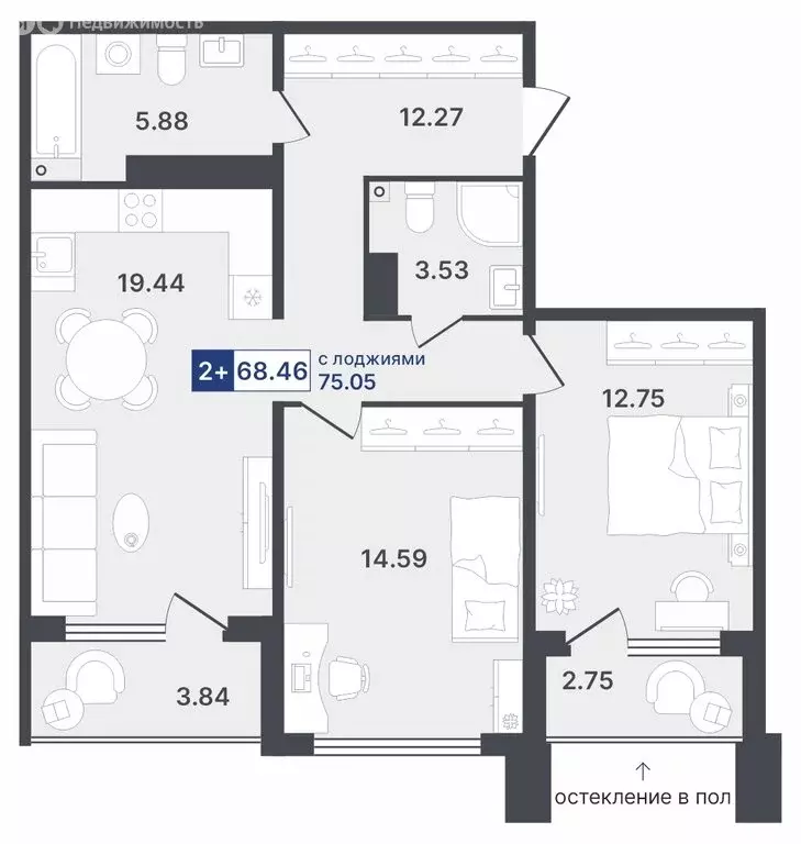 2-комнатная квартира: Тюмень, Ставропольская улица, 1 (68.46 м) - Фото 0