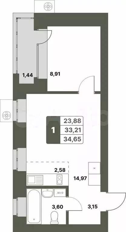 1-к. квартира, 34,7 м, 9/12 эт. - Фото 0