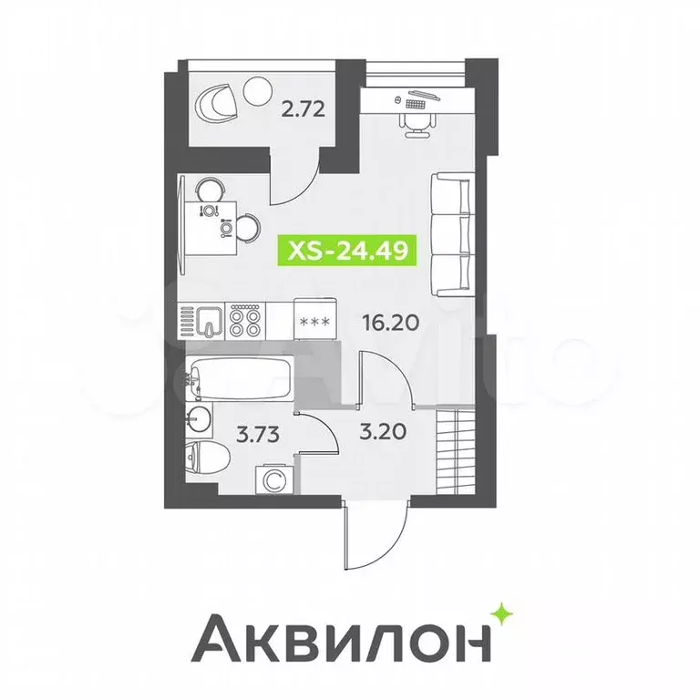 Квартира-студия, 24,5м, 12/13эт. - Фото 1