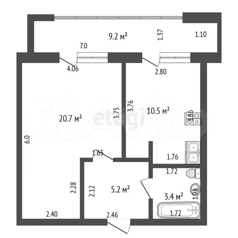 1-к. квартира, 39,8 м, 5/9 эт. - Фото 0