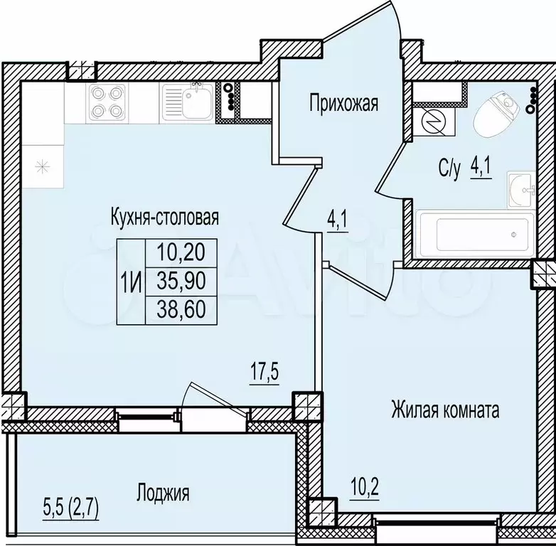 1-к. квартира, 38,6 м, 3/9 эт. - Фото 0