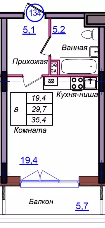 Студия Калининградская область, Светлогорск Балтийская ул. (35.4 м) - Фото 1