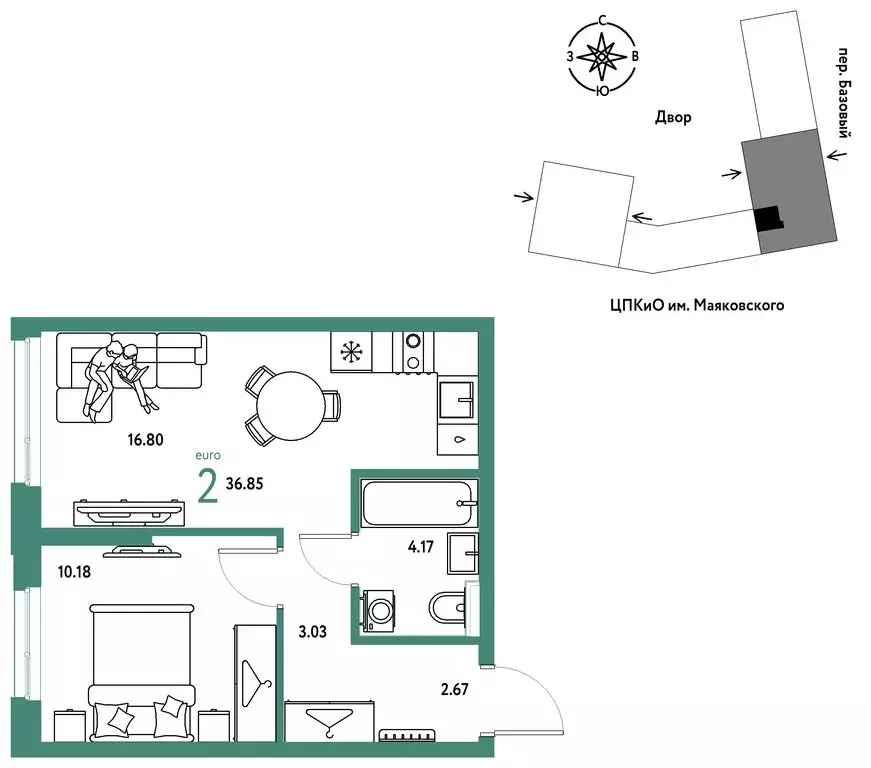 2-комнатная квартира: Екатеринбург, Базовый переулок, 10 (36.85 м) - Фото 1