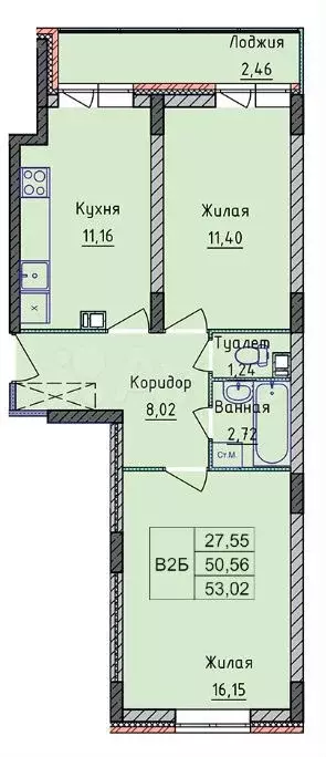 2-к. квартира, 53 м, 6/8 эт. - Фото 0