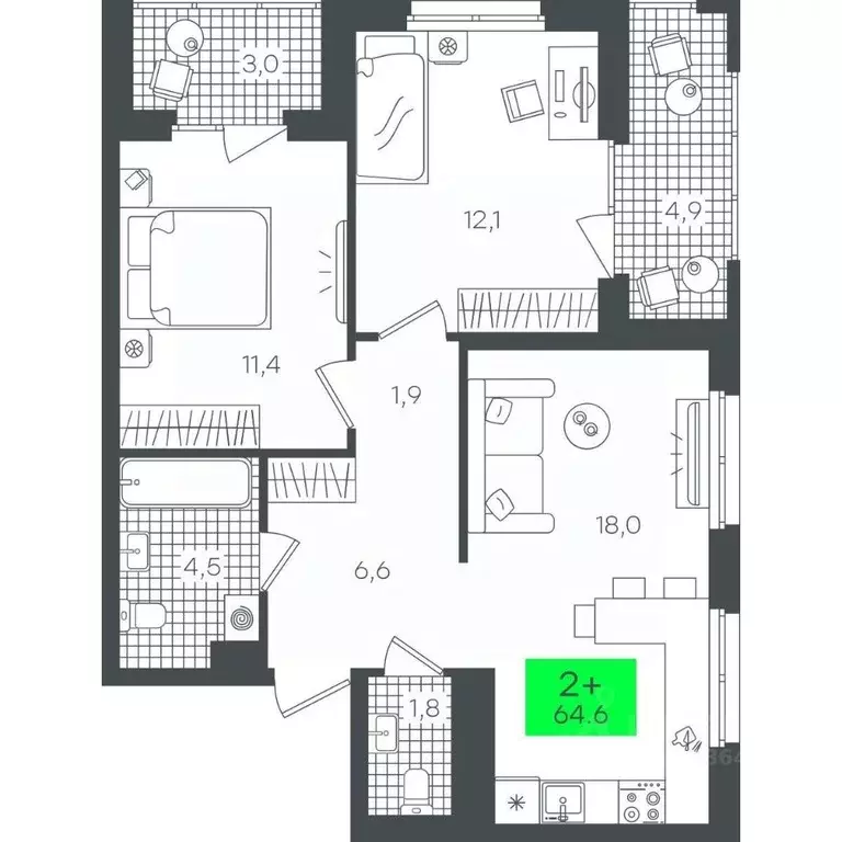 2-к кв. Тюменская область, Тюмень ул. Василия Малкова, 19 (64.62 м) - Фото 0