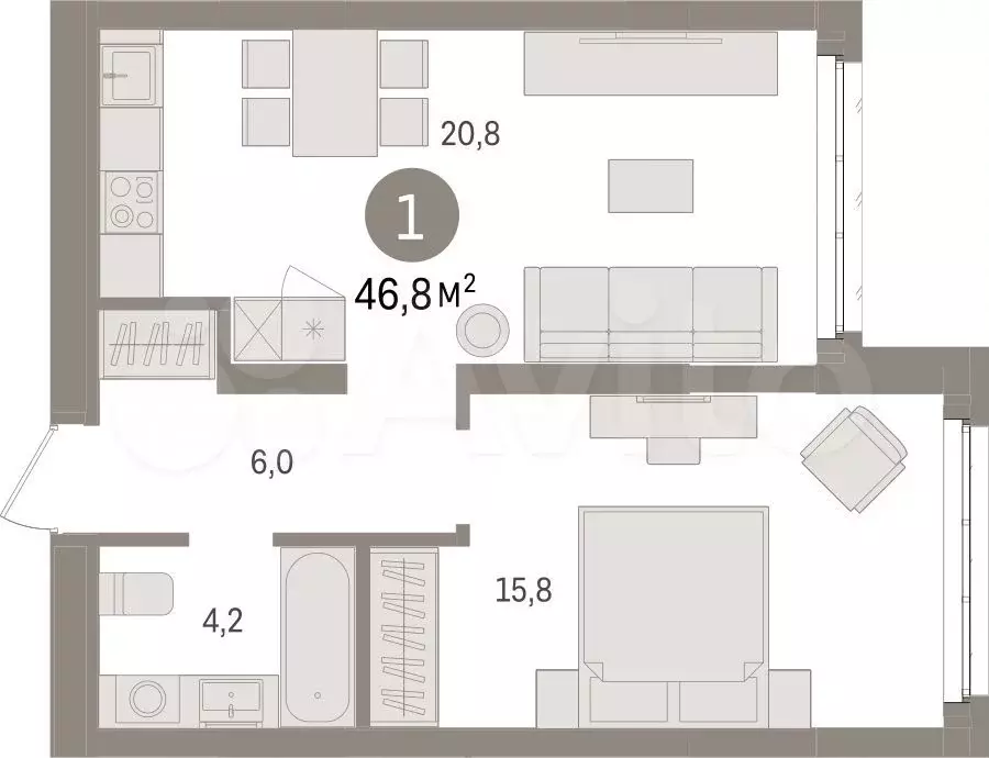 1-к. квартира, 46,8 м, 5/9 эт. - Фото 1
